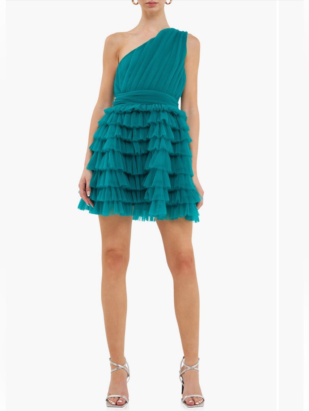 ENDLESS ROSE One Shoulder Tiered Tulle Mini Dress in Jade